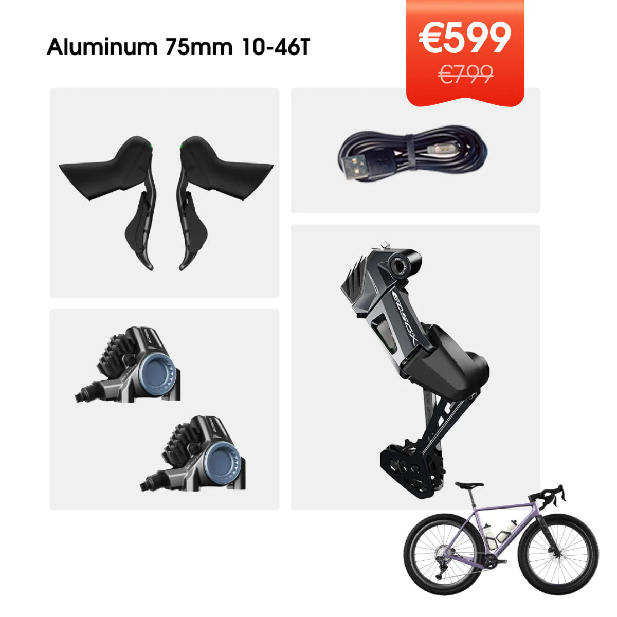 WHEELTOP EDS GeX Wireless Electronic Derailleur for Gravel Bike, 93mm RD +HDB +Carbon shifter