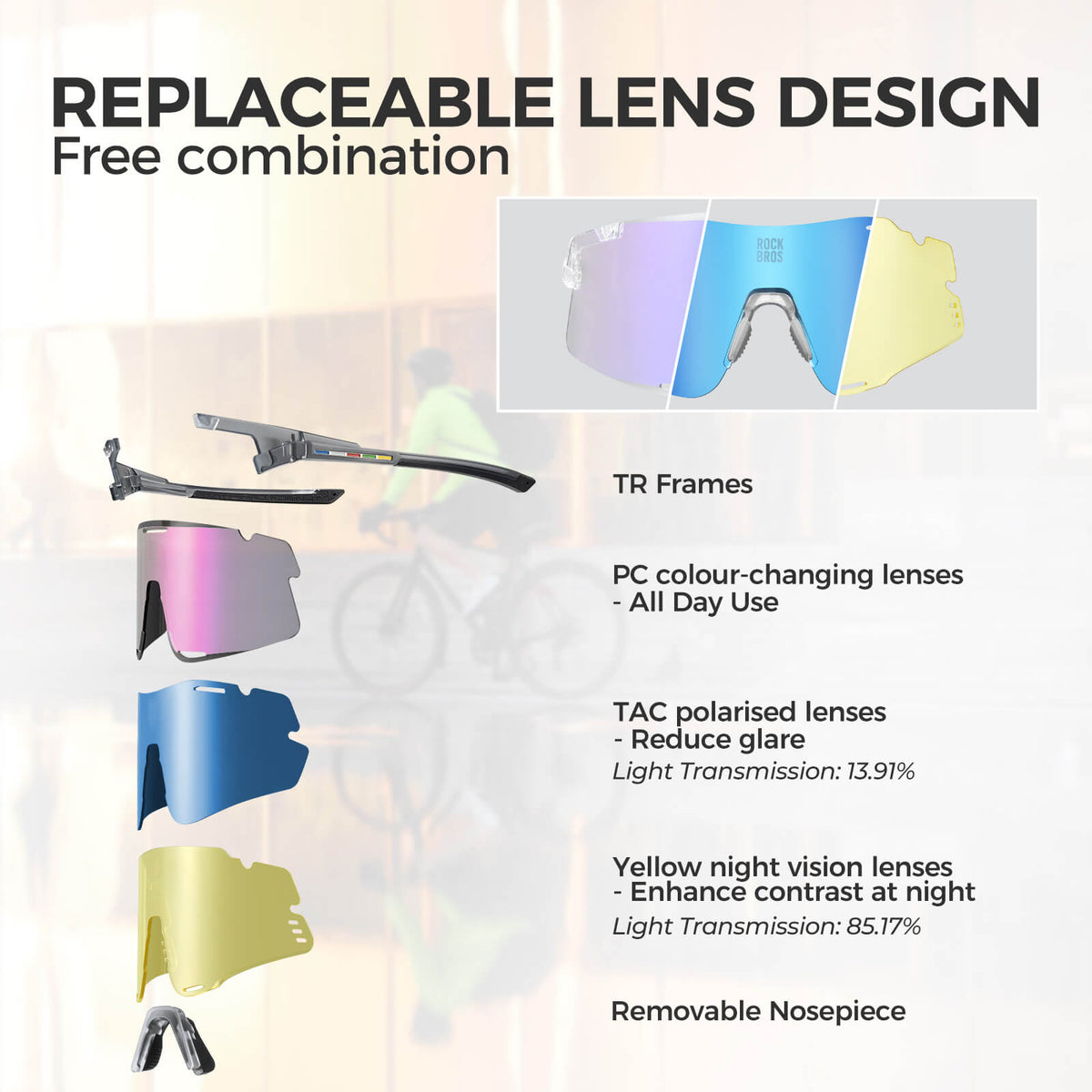 ROAD TO SKY BOUNDLESS Photochromic Cycling Glasses 3 Lens Set
